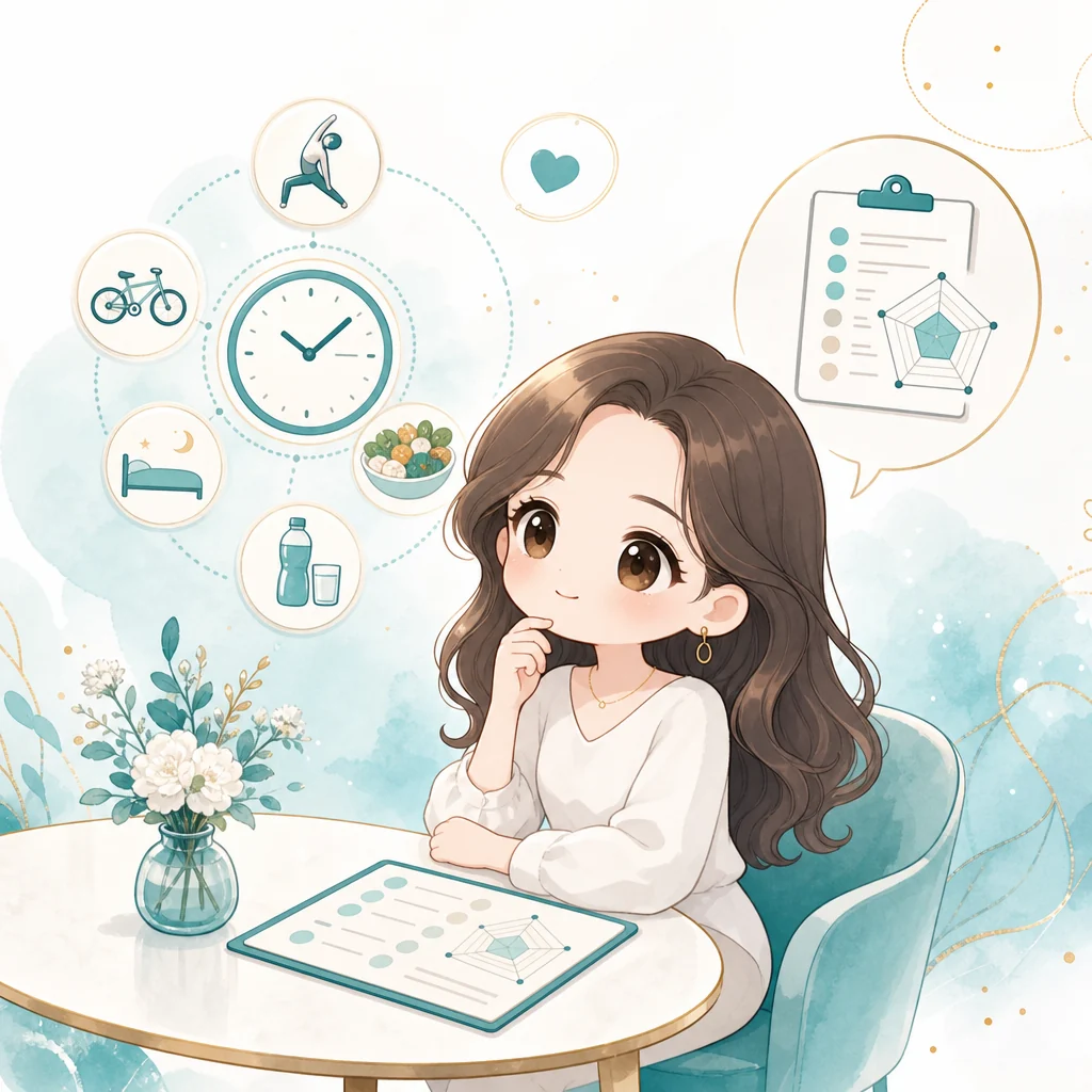 漫畫風格的健康管理諮詢情境示意圖，呈現生活紀錄與身體組成資料討論