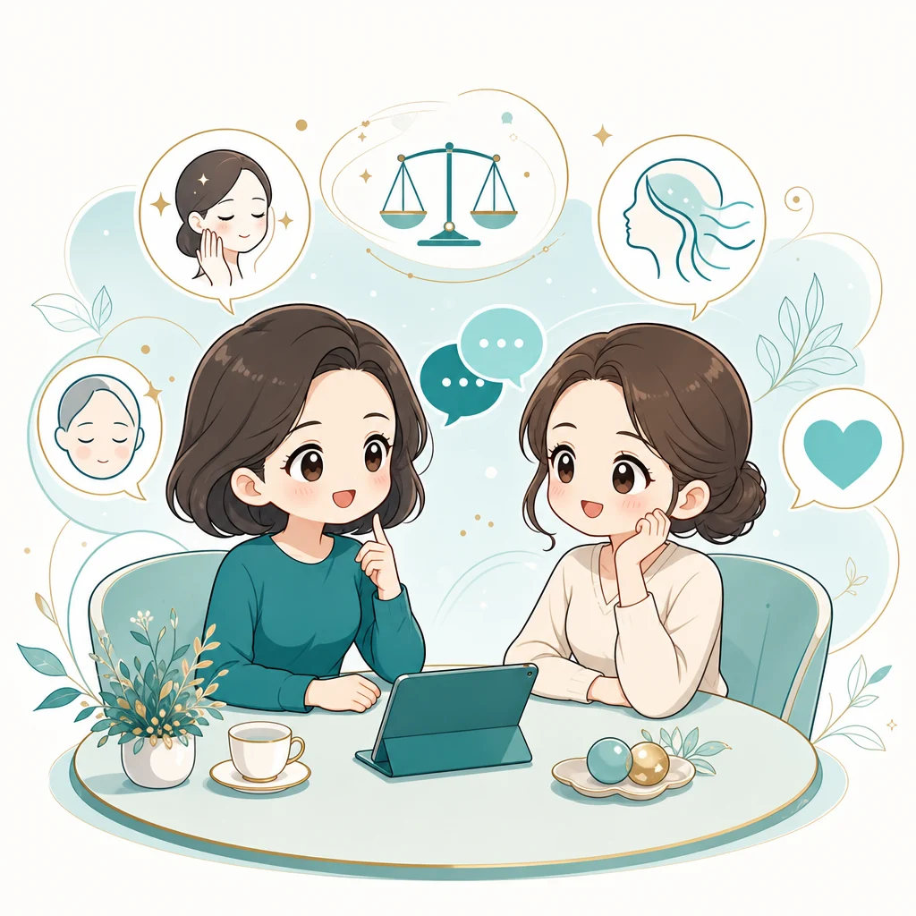 漫畫風格的整合照護諮詢情境示意圖，呈現以筆記與抽象圖卡討論照護方向