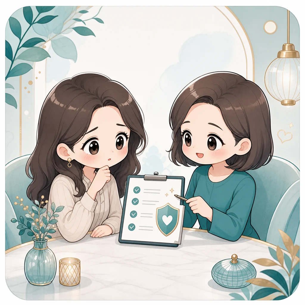 漫畫風格的安全評估諮詢情境示意圖，呈現以檢核表與行事曆討論適合度